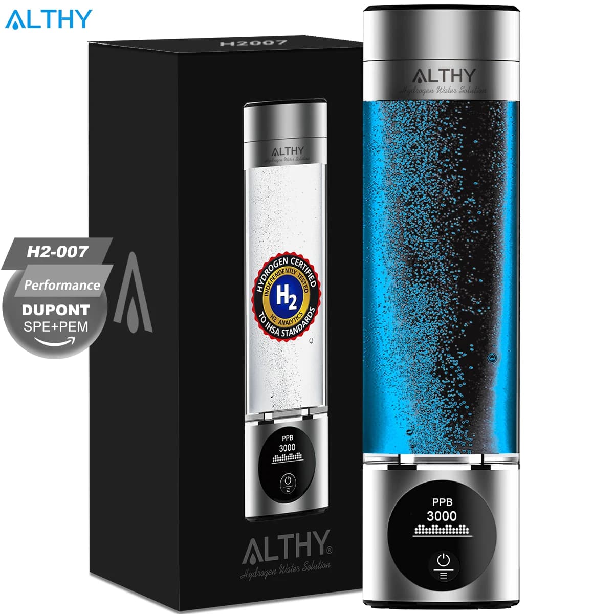 ALTHY Performance Wasserstoff-Wassergenerator-Flasche DuPont SPE+PEM Doppelkammer + PPB&Zeit&Batterieanzeige + H2-Inhalationsgerät