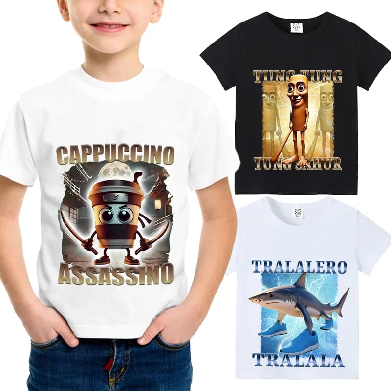 Kinder-Baumwoll-T-Shirt Sommer Italienische Brainrot-Tiere Cappuccino Assassino Kurzarm-Oberteile für Kinder Lustiges Meme Süßes T-Shirt Kleidung