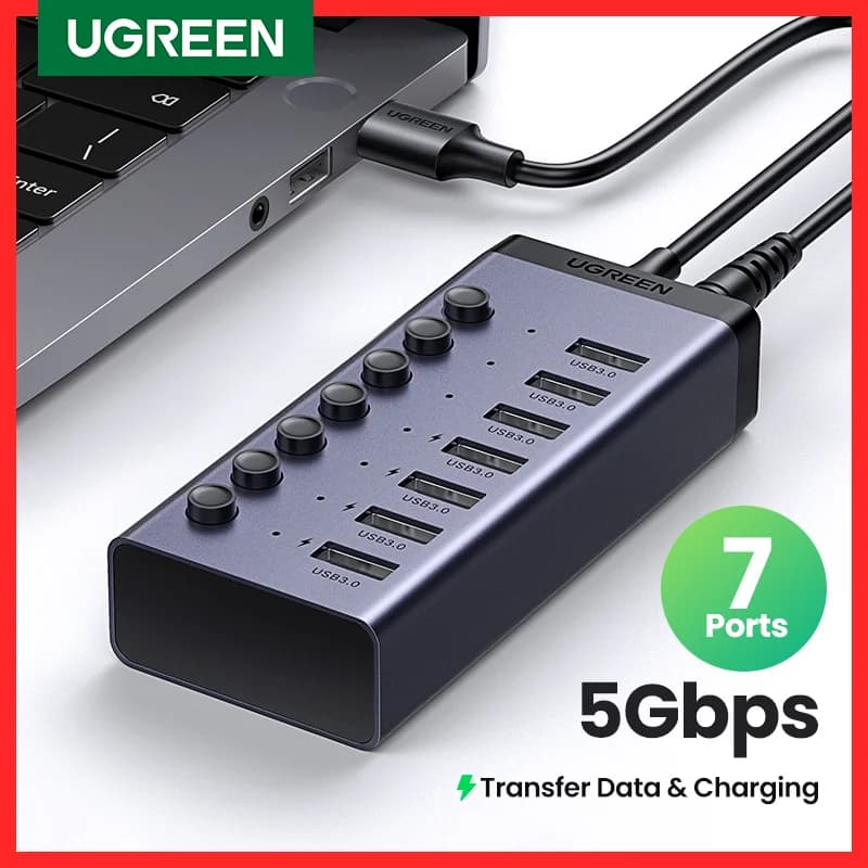 UGREEN USB C Hub 7-Port USB3.0 Splitter mit individuellem AUS/EIN-Schalter LED-Anzeige für Desktop-PC Laptop USB-Anschlüsse Extender