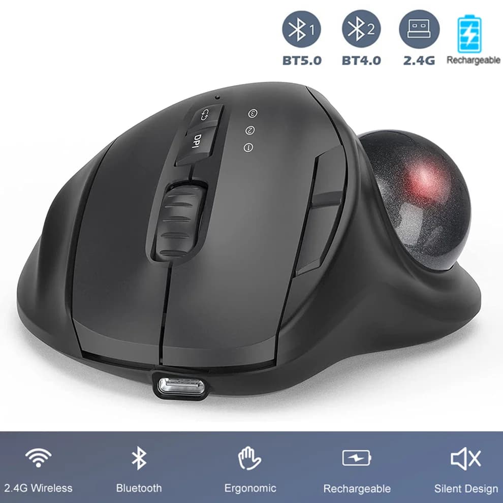Jomaa Schwarz 2,4G + Bluetooth Drahtlose Trackball Maus Wiederaufladbare Rollerball Mäuse Ergonomische Mäuse Daumen Control Maus Gaming