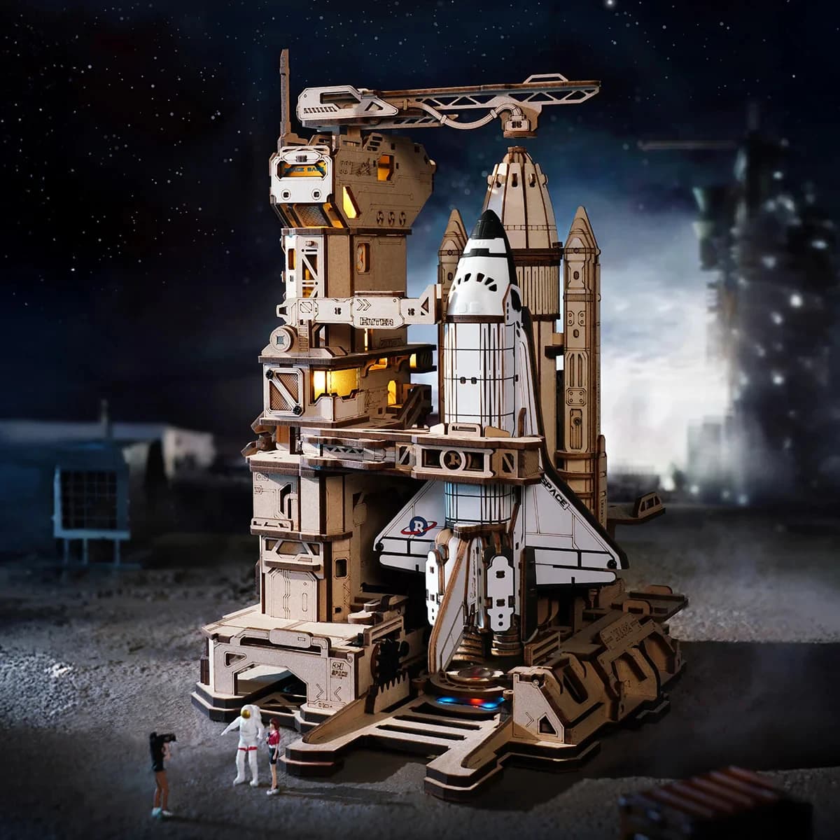 Robotime Space Shuttle 3D-Holzpuzzle, beweglicher Raketenstartturm mit Lichtern, mechanisches Gebäude, STEM-Projekt für Erwachsene und Teenager
