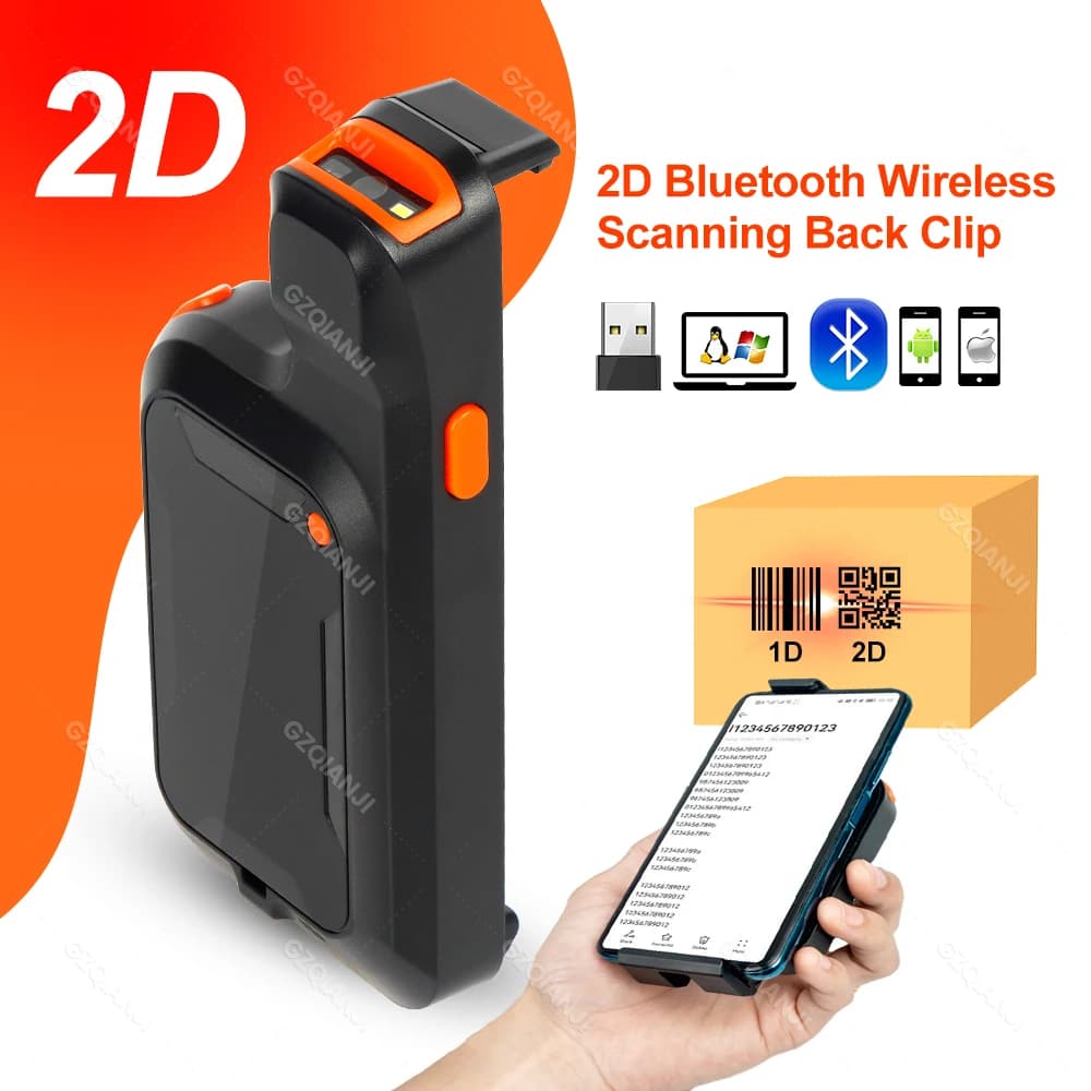 Kabelloser Barcode-Scanner Mini Bluetooth Rückenclip 2D Telefon-Barcodeleser QR-Code-Leser PDF417-Scanner für mobiles Scannen