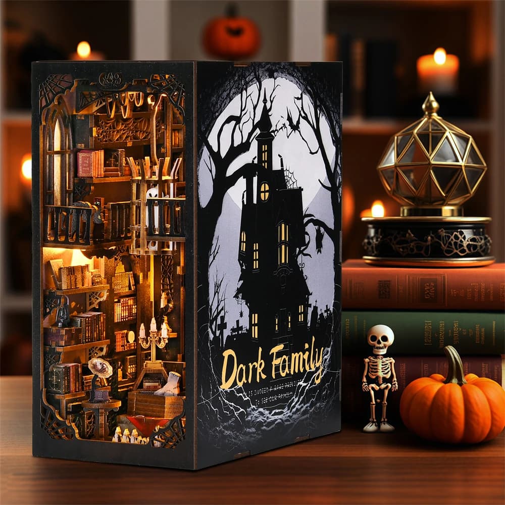 Bücherregal-Set „Dark Family“ – DIY-Holzpuzzle im Gothic-Stil, Halloween-Bücherregal, Puppenhaus-Modell, Buchstütze, Heimdekoration
