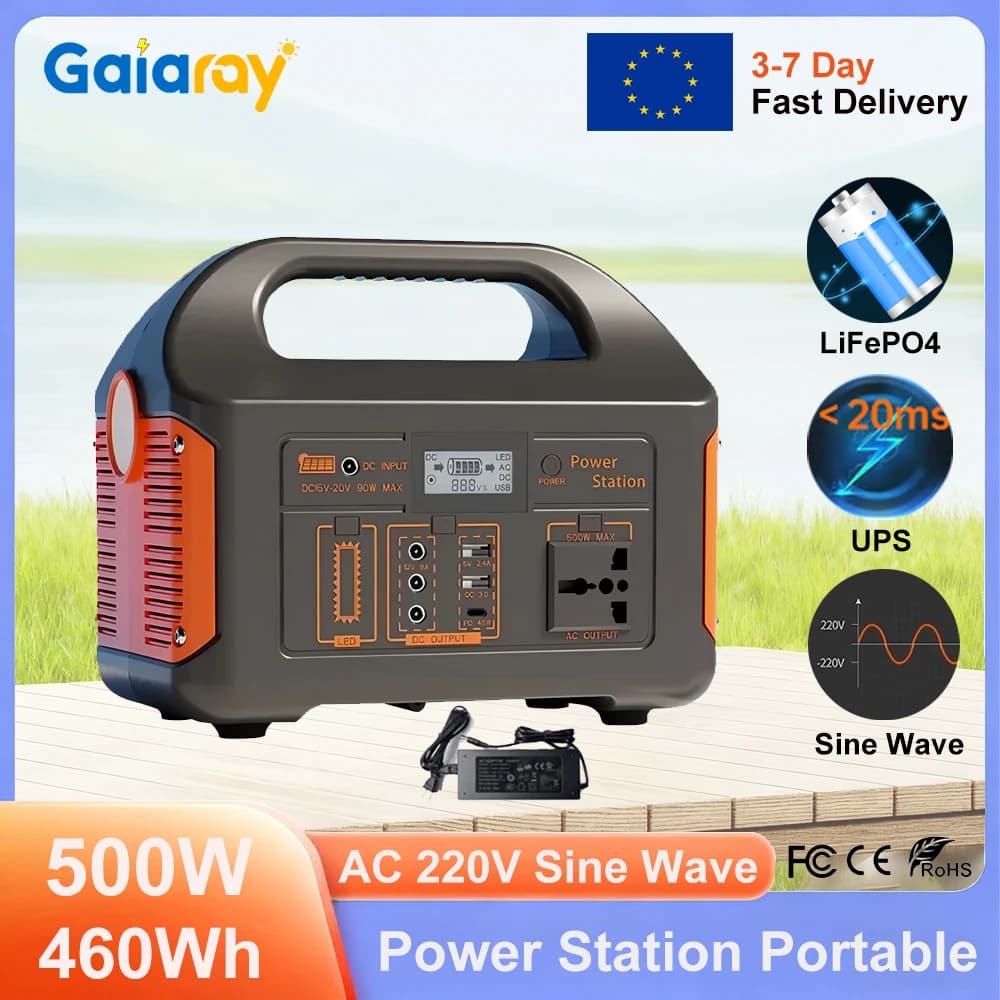 Gaiaray Tragbares Kraftwerk, 500 W, 460 Wh, LiFePO4-Ladestation, Outdoor-Kraftwerk, USV-Solargenerator für Camping, Wohnung