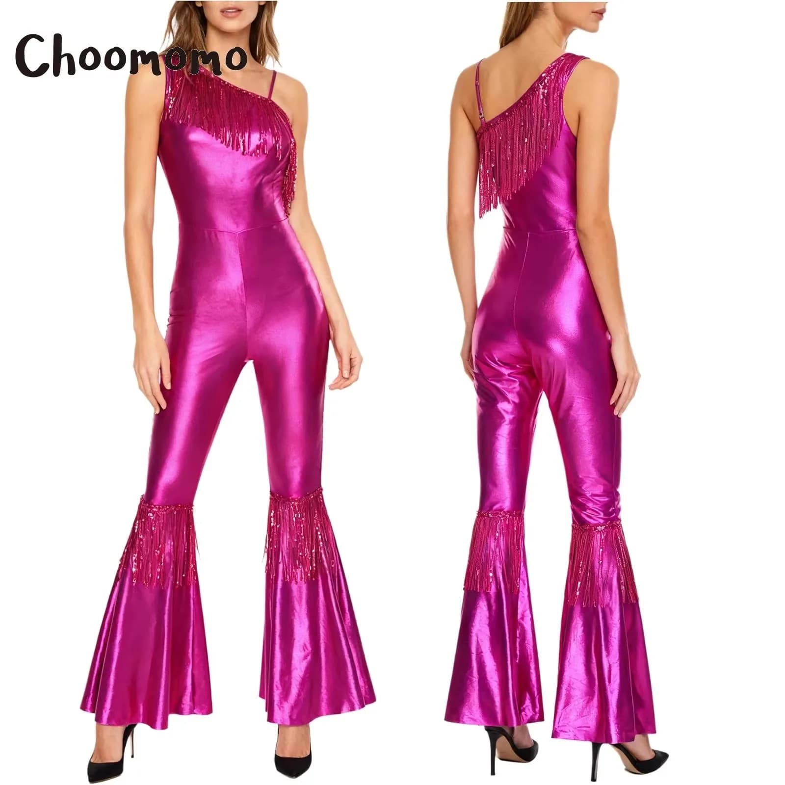 Damen Vintage 70er 80er Disco Dance Jumpsuit Pailletten Quasten One Shoulder Hippie Bell Bottom Bodysuit Metallic Shiny Jazz Strampler