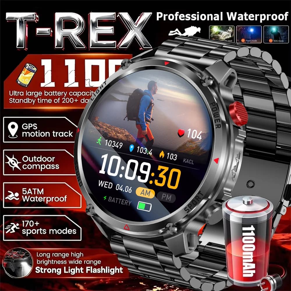 2026 Edition Militärische Outdoor-Sport-Smartwatch 1,7-Zoll-AMOLED-Bildschirm 1100 mAh Akku LED-Taschenlampe Bluetooth-Anruf Wasserdicht
