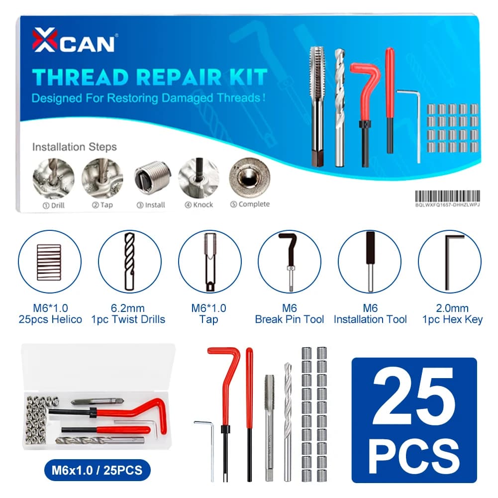 XCAN Gewinde-Reparatur-Werkzeug-Set, 25/30/75/131 Stück, M3, M4, M5, M6, M8, M10, M12, metrische Schraube, Helicoil zur Wiederherstellung