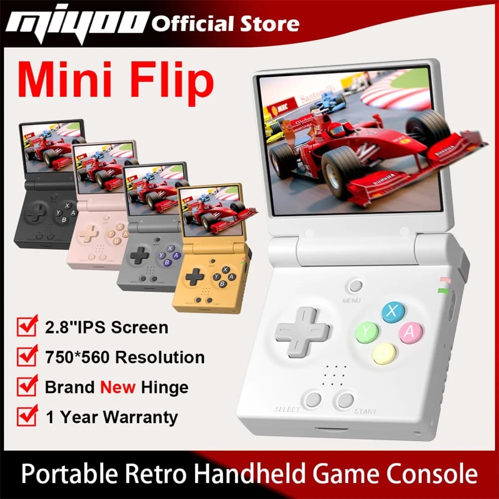 MIYOO Mini Flip Retro Handheld Spielkonsole Mit Neue Scharnier 2,8''IPS Bildschirm Tragbare Videospielkonsolen Klassische Gaming Emulator