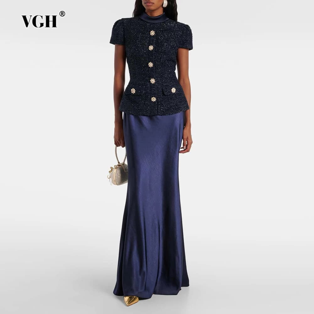VGH Chic Zweiteilige Sets für Frauen Stehkragen Kurze Ärmel Gespleißte Tasche Tweed Top Hohe Taille Maxi Röcke Vintage Anzug Weibliche