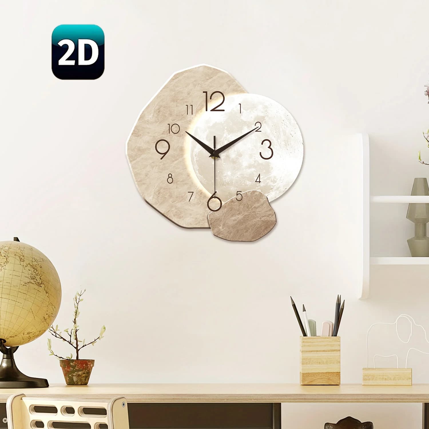 Moderne, schlichte, geräuschlose Wanduhr, Monddesign – Quarzwerk, Holzmaterial, für Schlafzimmer, Wohnzimmer oder Bürodekoration