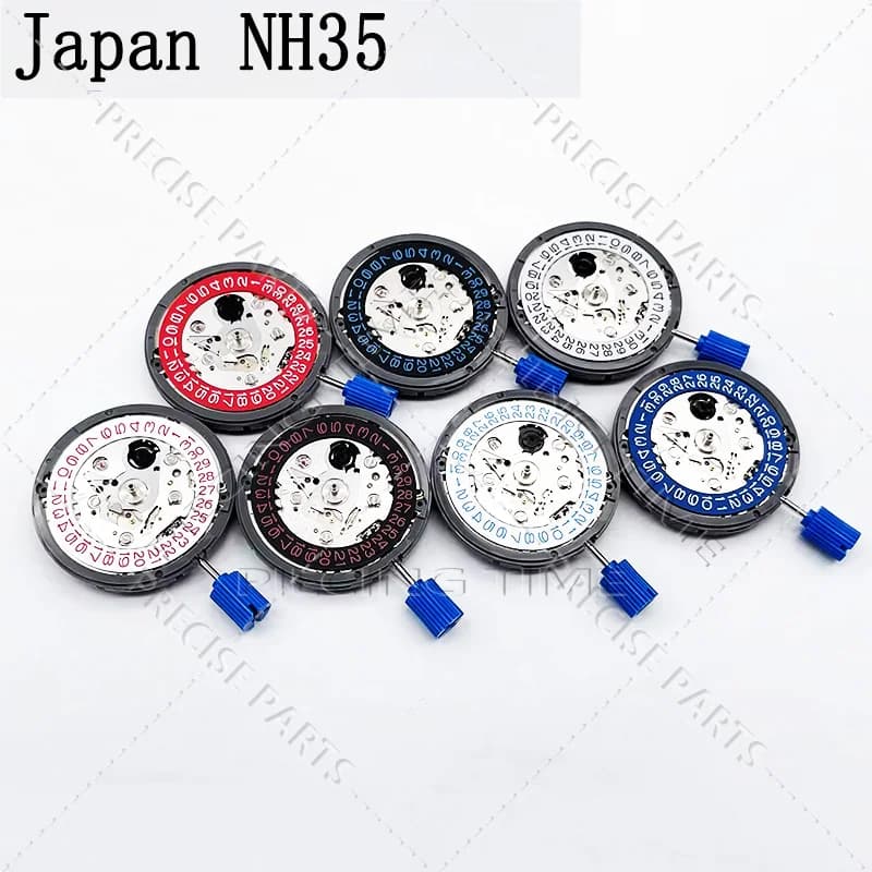 NH35 Mechanisches Uhrwerk Modifiziertes rotes Datumsrad 3,0/3,8 Krone Japan Mod NH35A Mechanismus Schwarz/Blau/Vintage-Silberscheibe