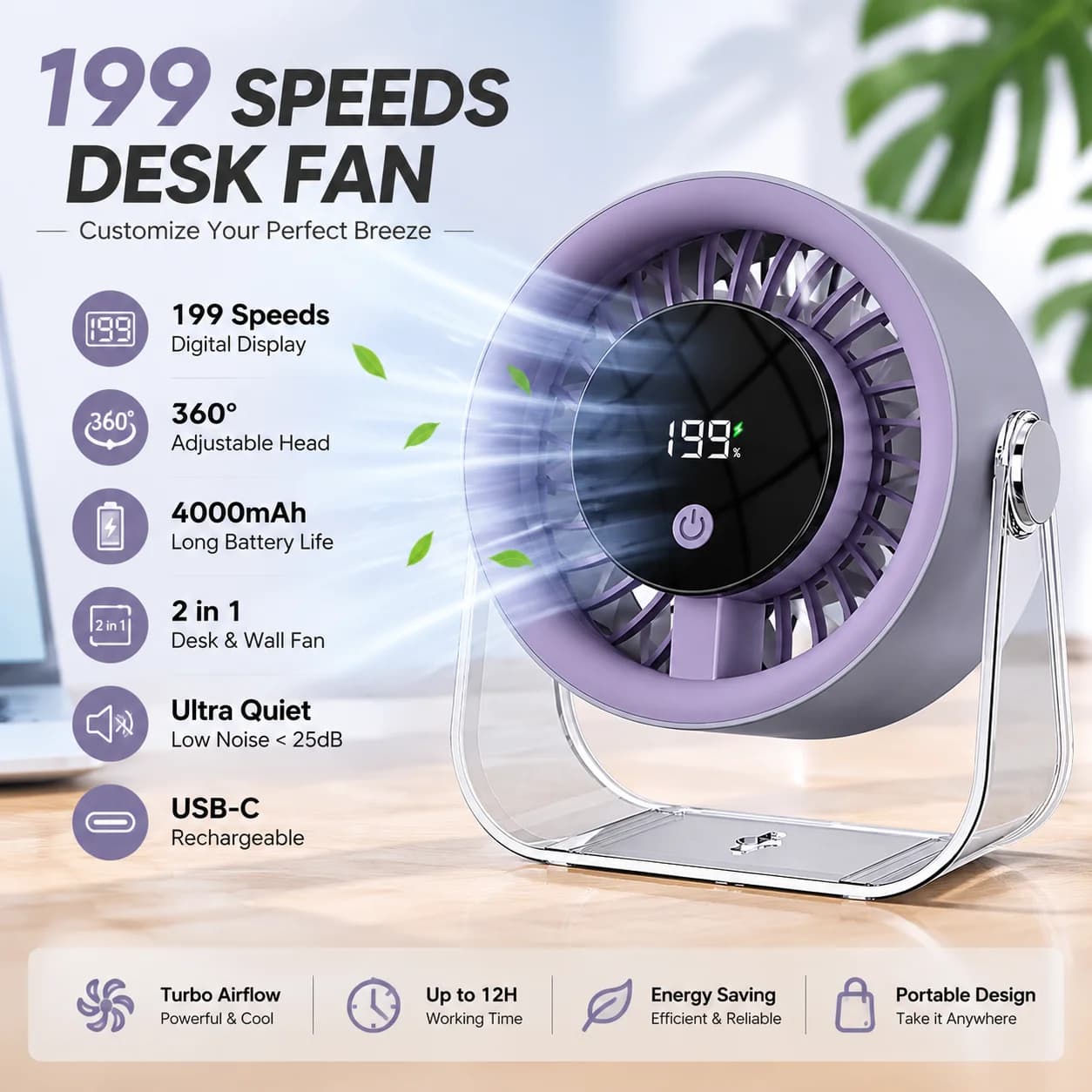 Tragbarer Tischventilator mit 199 Geschwindigkeitsstufen, wiederaufladbarer USB-Kühlventilator mit LED-Anzeige, 360° drehbar °   Drehbarer