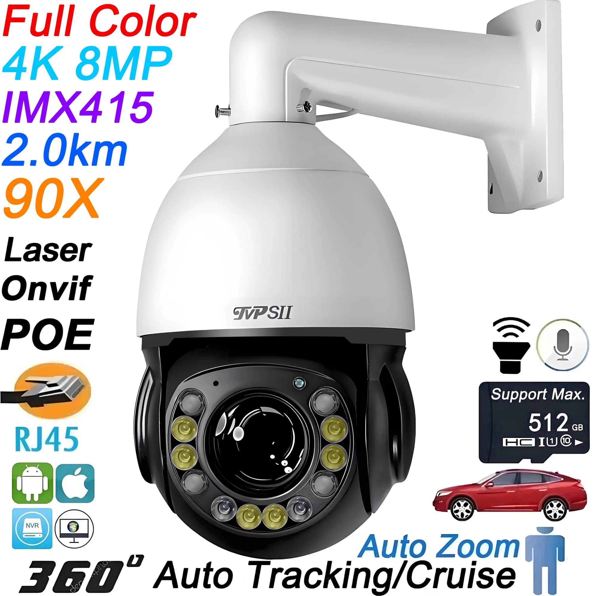 Laser-Infrarot-Vollfarb-Auto-Tracking Cruise 8 MP 4K 90X optischer Zoom 360 °   Onvif POE PTZ IP-Überwachung Speed Dome-Kamera