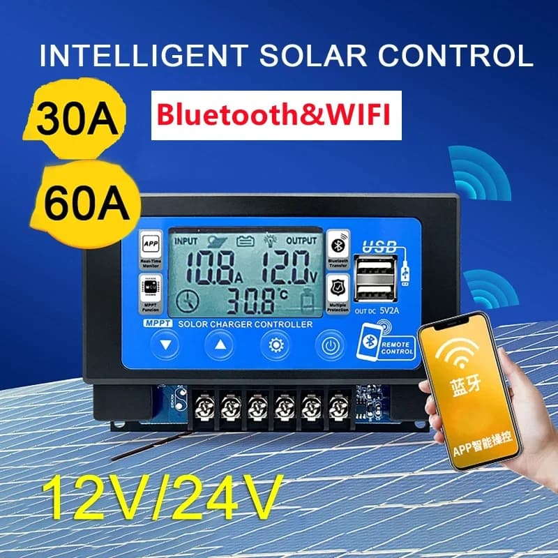 12V/24V 30A60A LCD Große Digitalanzeige Bluetooth Wifi Solar Laderegler Eingebettete Snap-on Energiespeicher MPPT Controller