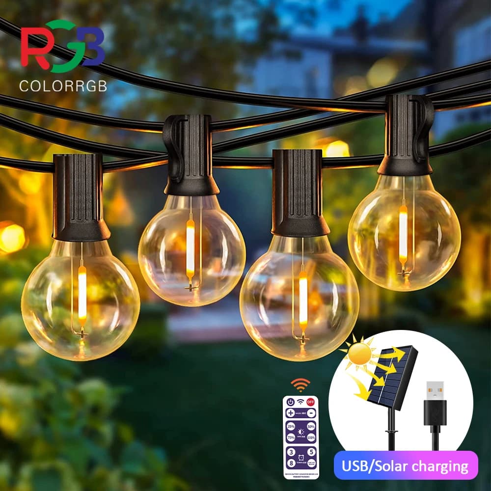 12 m 30 LEDs G40 Solar-Lichterkette für den Außenbereich, Terrassenbeleuchtung, solarbetrieben und USB-betrieben, wasserdichte Kugel-Hängeleuchten