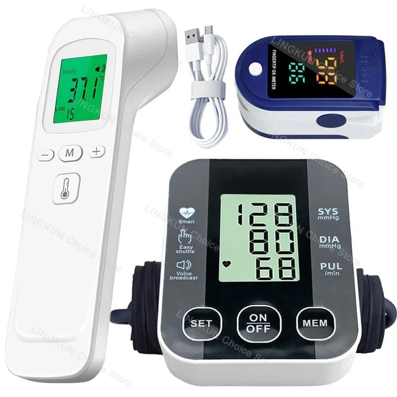 Medizinisches Arm-Blutdruckmessgerät, Tensiometer, Tonometer, Manschette, Fieber, Thermometer, Oximeter, Herzfrequenz, 3-in-1-Set