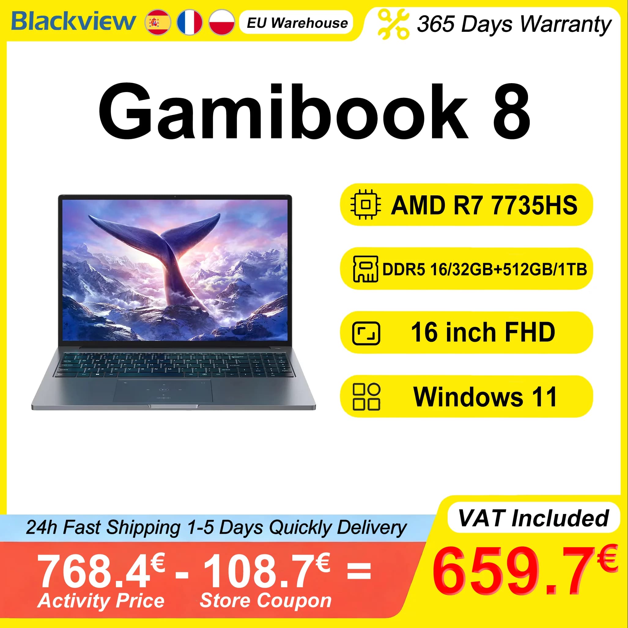 Blackview ‎ GamiBook 8 Laptop 16 Zoll AMD R7 7735HS DDR5 16GB/32GB RAM 512GB/1TB ROM Windows 11 Pro BT5.2 Wifi6