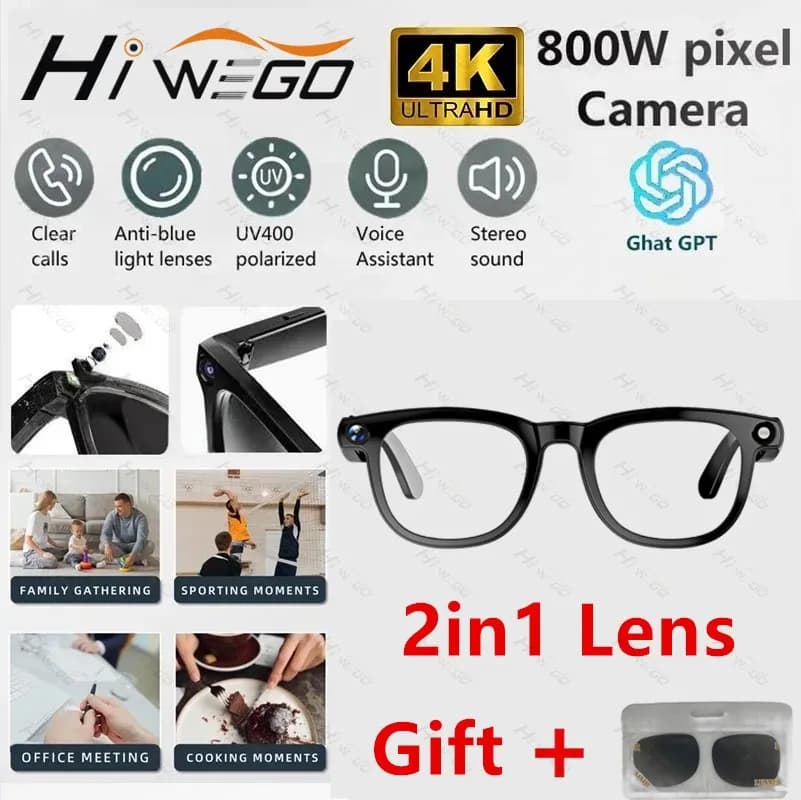 2-in-1 4K Smart AI-Brille 800W Pixel AI-Aufnahmekamera HD-Foto-Video Sprachanruf Übersetzung Wasserdichte Bluetooth AI-Brille