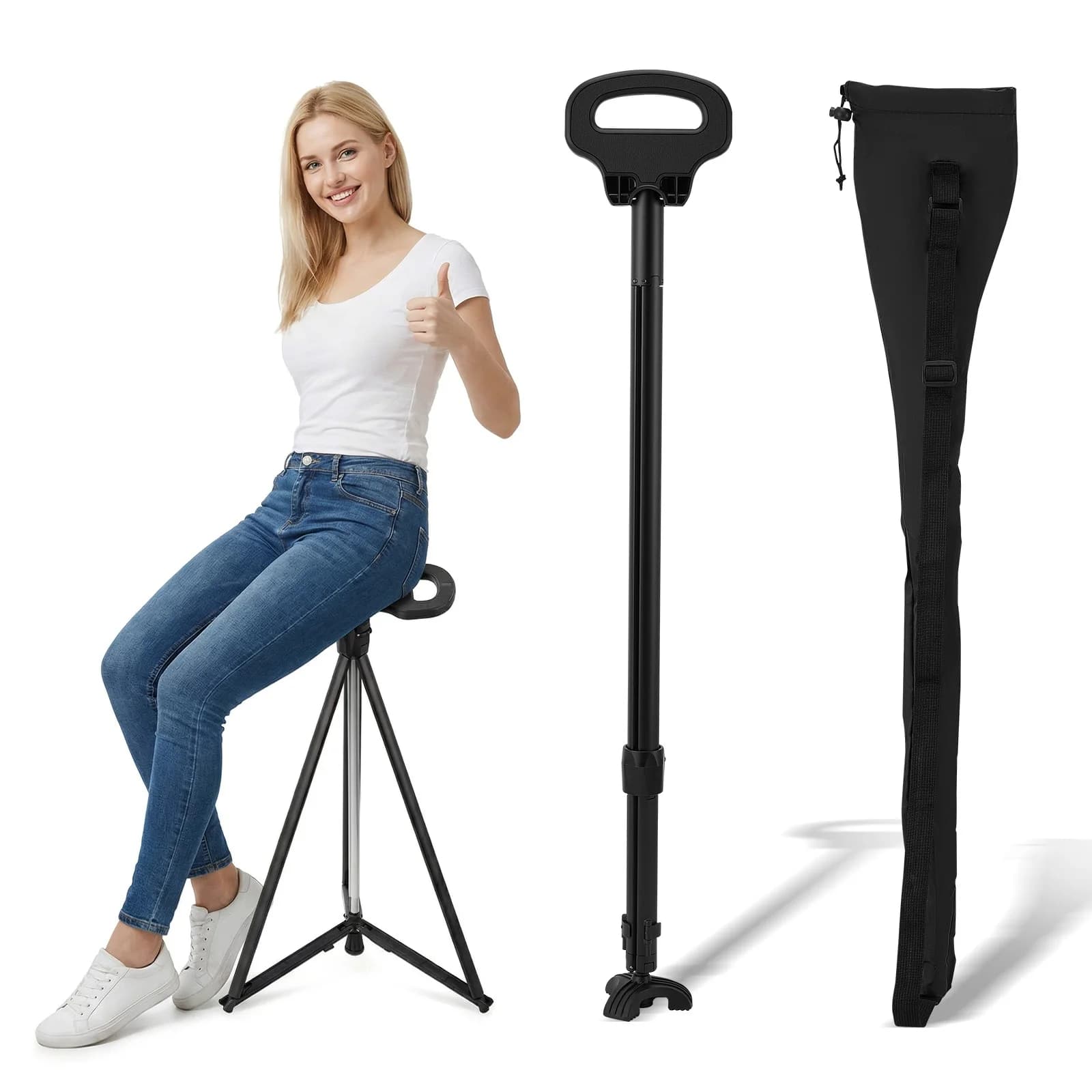 2-in-1-Gehstock mit Sitz, maximale Belastung 150 kg, mit Tragetasche für Outdoor-Aktivitäten wie Wandern, Camping, Warteschlangen warten,