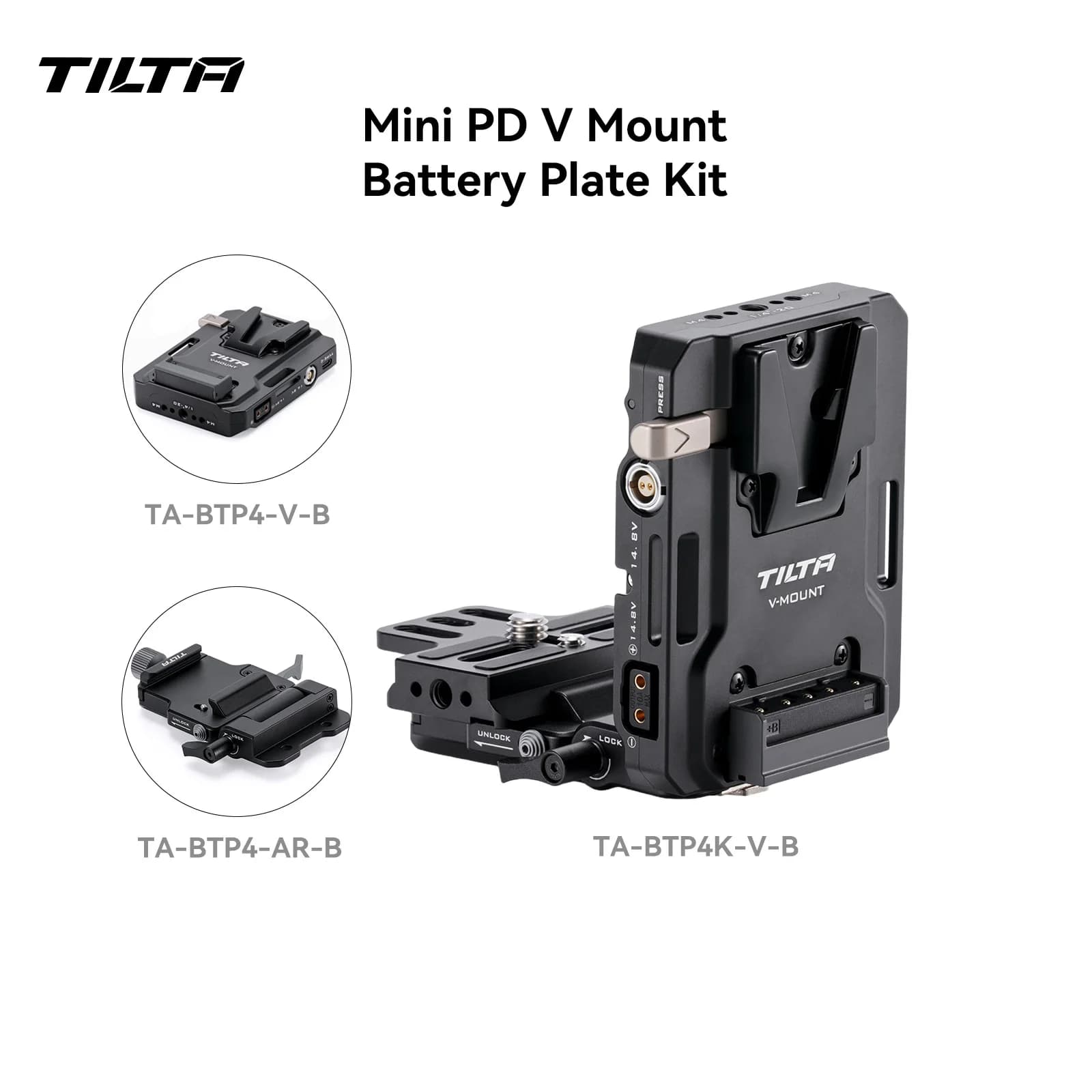 TILTA 100W Mini PD V-Mount Batterieplatte Schwarz mit Einstellbarem ARCA-Empfänger USB-C P-Tap und 2-Pin TA-BTP4-V-B