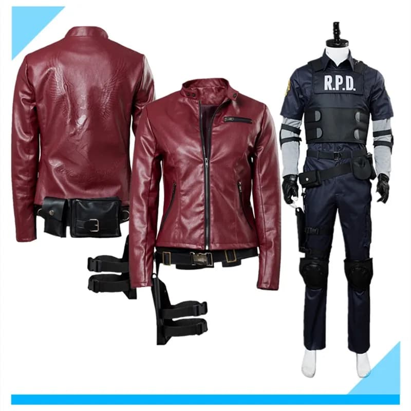 Leon Cosplay Scott Kennedy Kostüm Männer Uniform Hemd Hosen Gürtel Mantel Claire Redfield Mantel Halloween Karneval Party Anzug