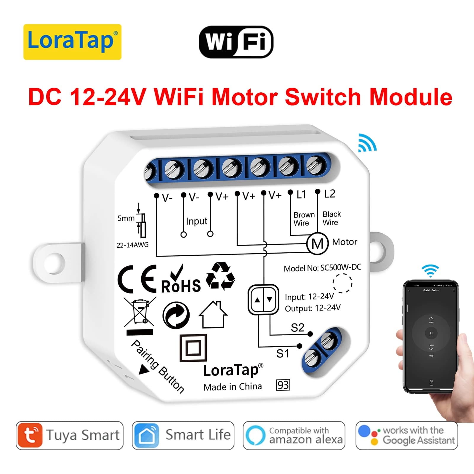 LoraTap Tuya Smart Life DC 12–24 V Schaltmodul für Rollladen-Poolabdeckung, Elektromotor, Sprachsteuerung von Google Home Alexa