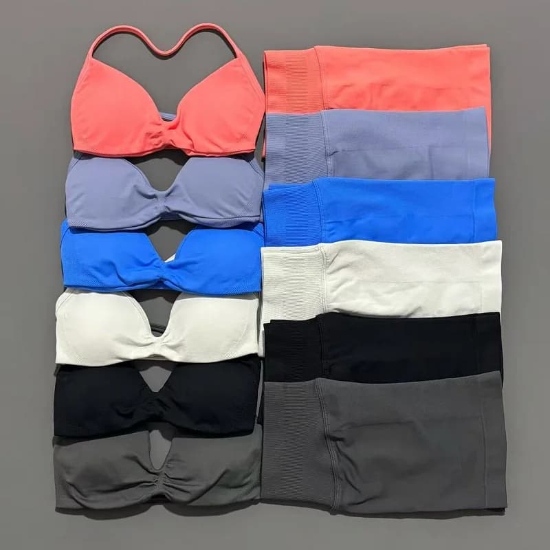 2-teiliges Yoga-Gymnastik-Set für Damen, nahtloser Riemchen-Yoga-BH, hohe Taille, Workout, Scrunch-Shorts, Sport-Set, Fitness-Kleidung,