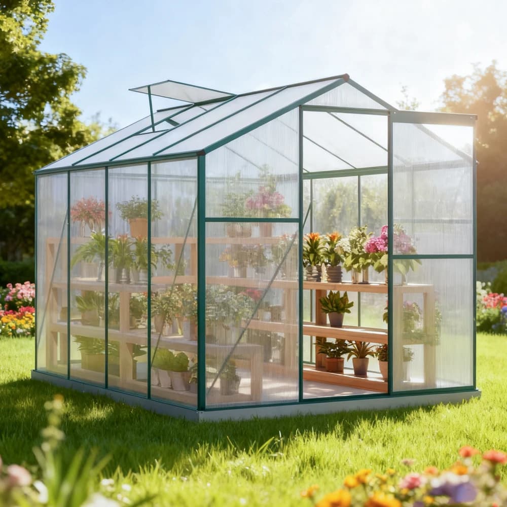 Gewächshaus aus Aluminium mit Grundierung 4,75 M2 – 190 × 253 cm inkl., Oberlicht und Schiebetür, Gartengewächshaus, Pflanzenhaus