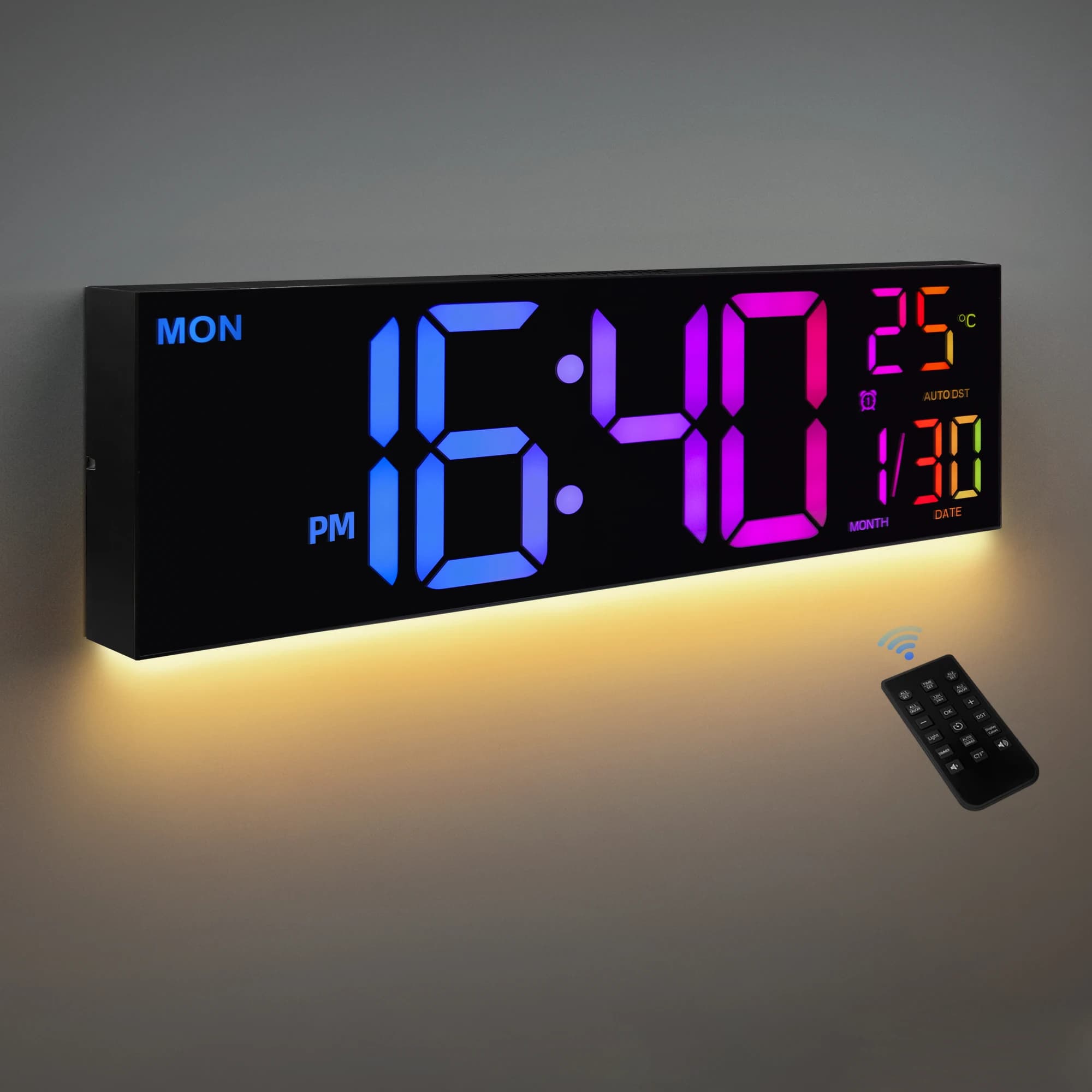 16" große digitale Wanduhr, großes LED-Display mit Fernbedienung, 8 RGB-Farbe, Alarm, DST, Temperatur für Wohnzimmer, Küche