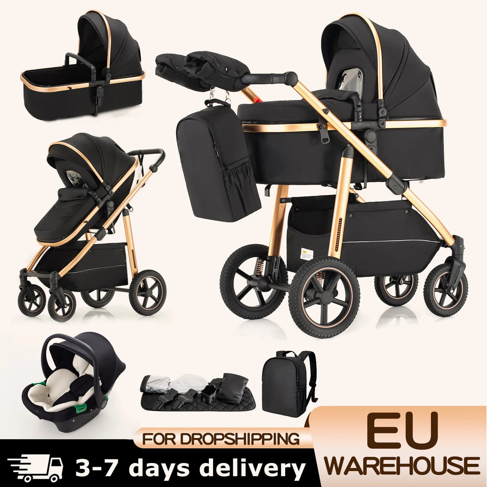 Kinderwagen, 3-in-1, einfach zusammenklappbar, multifunktionaler Kinderwagen, für Reisen, tragbarer Kinderwagen, Sicherheitssitz, EU-Standard