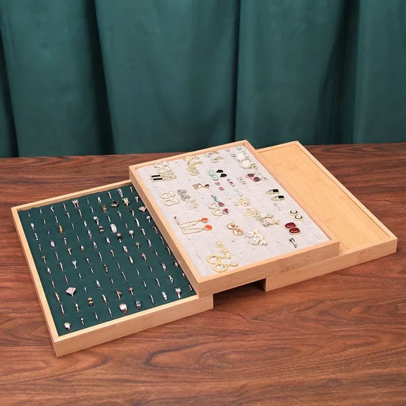 Mode Bambus Holz Samt 100-stellige Ring Display Tablett Schmuck Ohrstecker Aufbewahrungsplatte Schmuck Theke Vitrine Requisiten