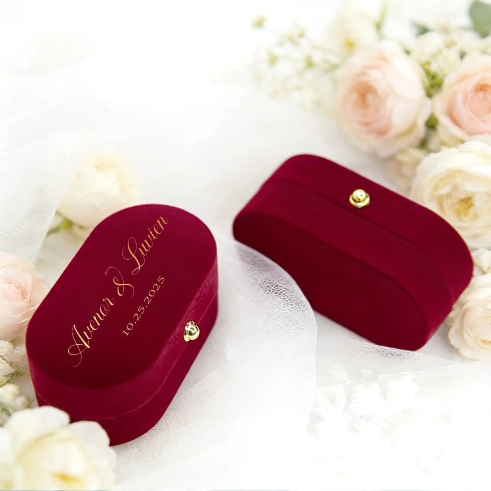 Personalisierte Goldene Schnalle Ovale Samt-Ringbox, Maßgefertigt mit Doppelsteckplatz, 5 Farben für Verlobung, Geeignet für Hochzeit, Jahrestag,