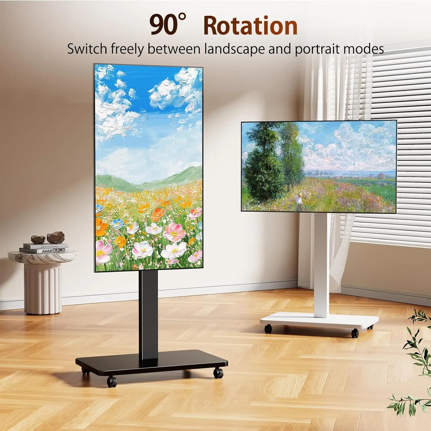 Rollbarer TV-Ständer für 10"-42" flaches gebogenes Fernseher mit drehbarem Porträt bis zur Landschaft, höhenverstellbarer tragbarer TV-Ständer