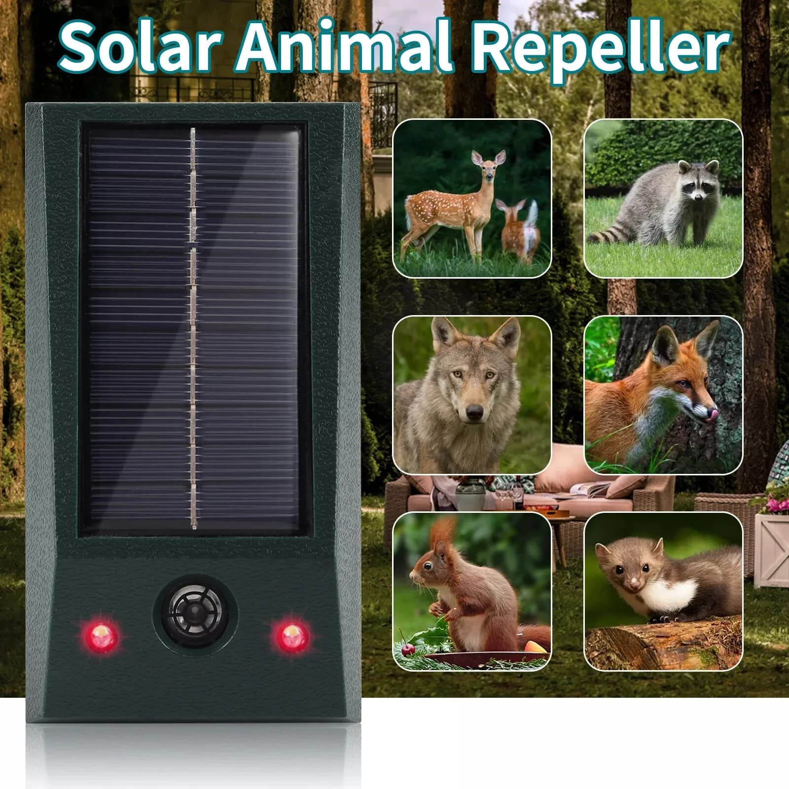 Solarbetriebener Ultraschall-Tiervertreiber für Nagetiere, Mäuse und Vögel mit LED-Blinklicht zur Schädlingsbekämpfung für Innen- und