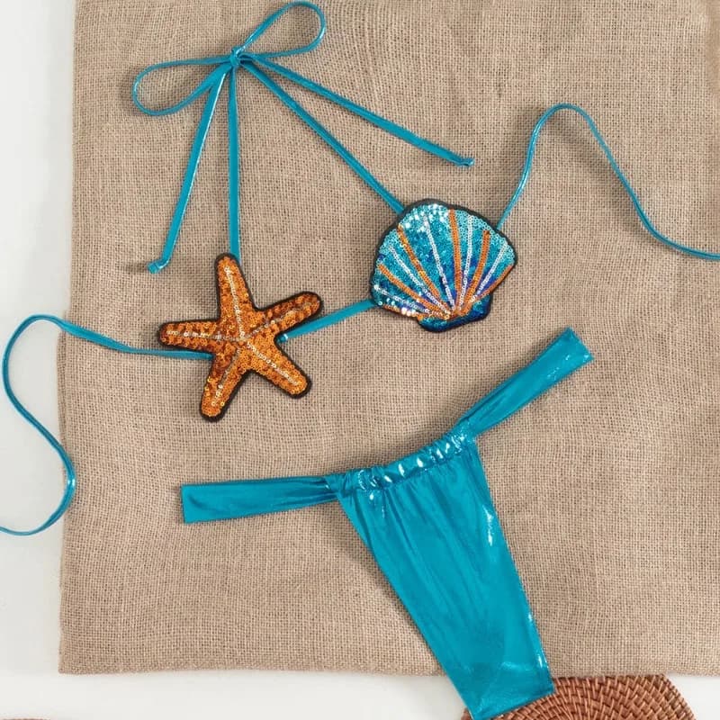 Sexy glänzender Badeanzug für Damen, zweiteiliges Träger-Bikini-Set, Muschelform, extrem micro, winzige Badebekleidung mit Tanga-Badeanzug