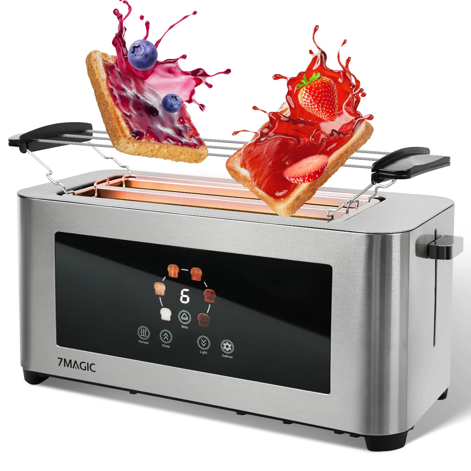Toaster 1400 W, Toaster aus Edelstahl, LCD-Touch-Display, 2 breite Toastschlüsse, 4 Scheiben, 7 Bräunungsstufen, Brötchenhalter,