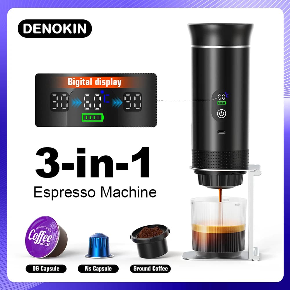 DENOKIN Tragbare Espressomaschine mit Digitalanzeige, 3-in-1-Kapselkaffeemaschine für Auto und Zuhause, Camping-Kaffeemaschine