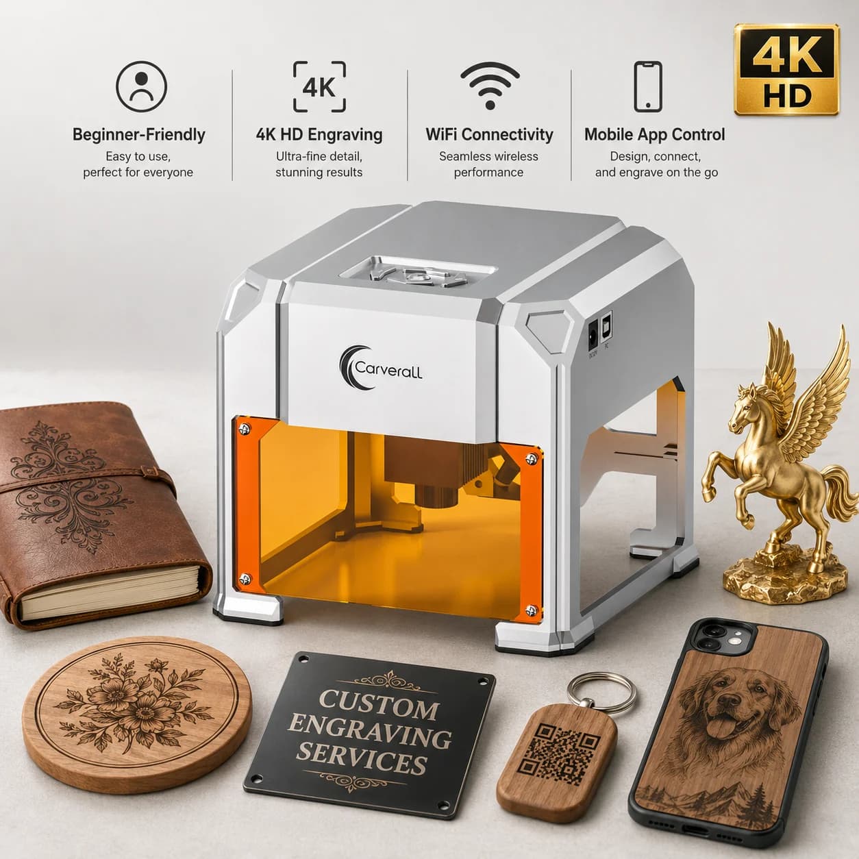 Carverall K4 3W Lasergravierer, Tragbare Mini-Graviermaschine mit WiFi-App-Steuerung und USB, 80 x 80 mm, Bis zu 0,01 mm Präzision, für Holz,