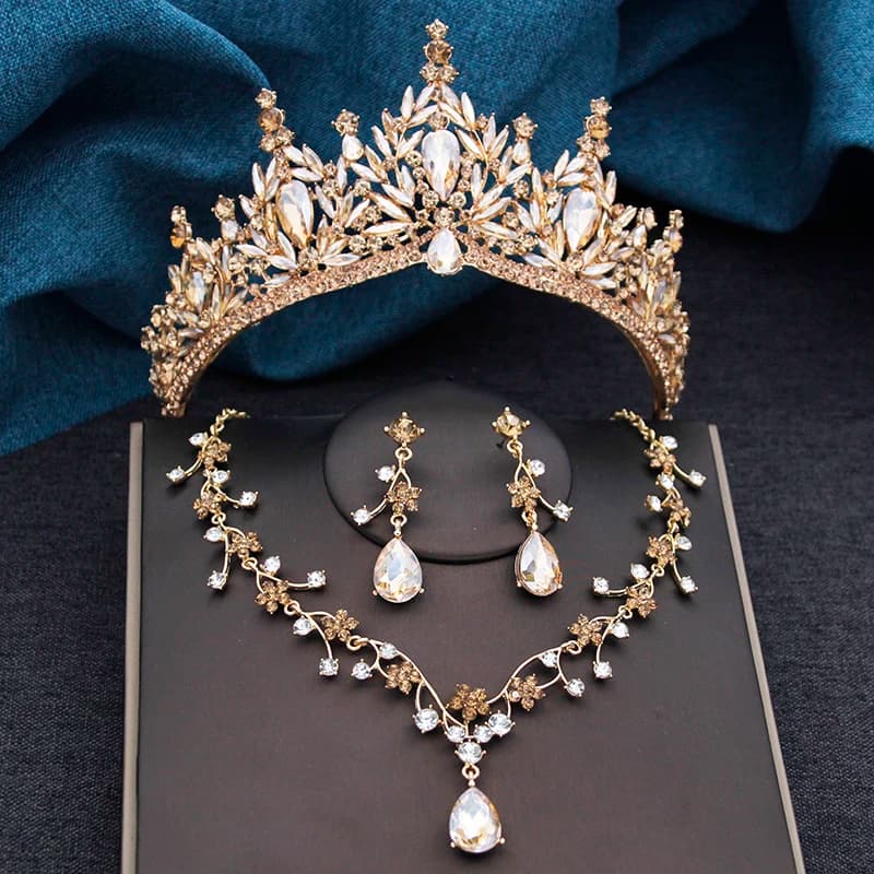 Barocke Hochzeitskrone für die Braut, 3er-Pack, Tiara, Ohrringe, Halskette, Brautschmuck-Set, Champagner-Kristall, Kostüm, Party,