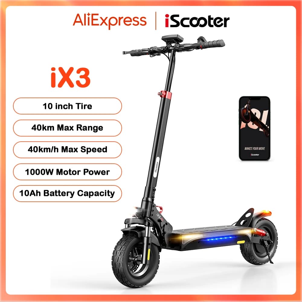 iScooter iX3 1000W Max Power Elektroroller 40KM Reichweite 10 Zoll Offroad-Reifen Elektro-Kick-Scooter 10Ah 40KM/H Roller für Erwachsene