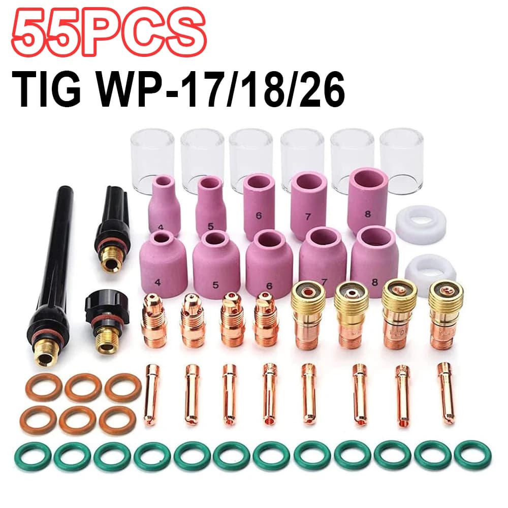 55 stücke WIG Schweißen Taschenlampe Düse Ring Abdeckung Gas Objektiv Glas Tasse Kit WIG WP-17/18/26 Hohe Temperatur langlebig Praktische Zubehör