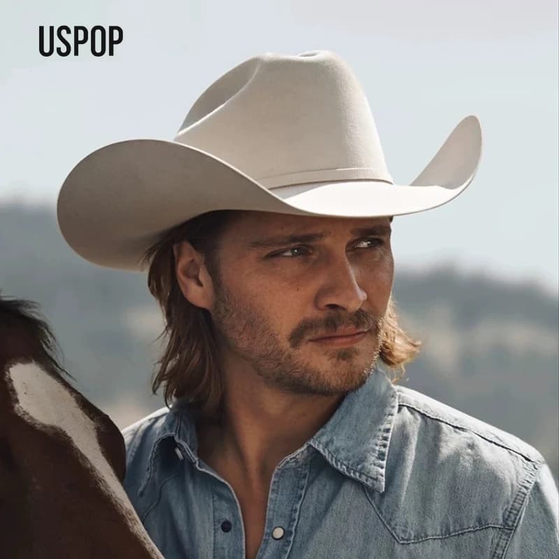 USPOP Cowboyhut aus 100 % Wollfilz mit Gürtelschnalle, 4 Größen, breite Krempe, Jazz-Hut, Herbst-Winter-Fedoras