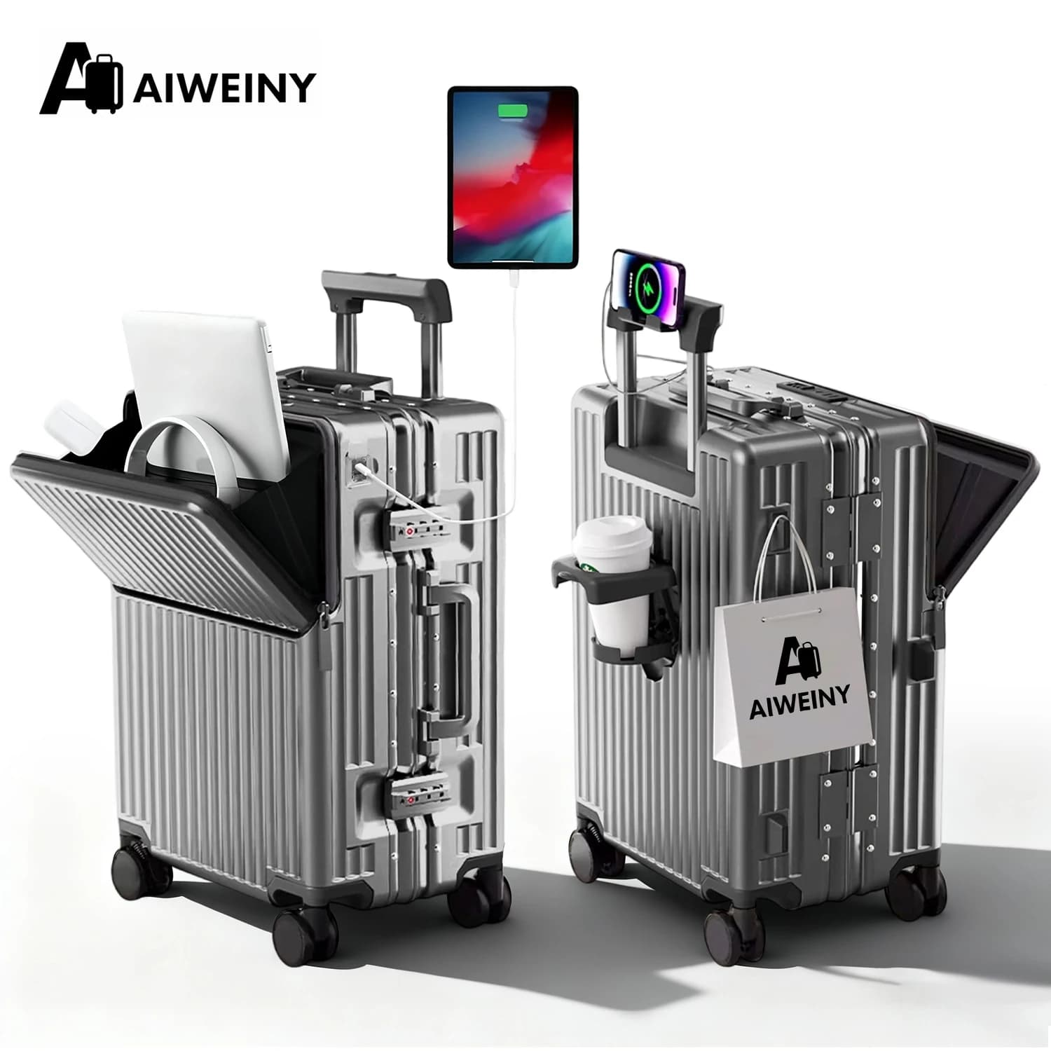 AIWEINY Leichter Aluminiumrahmen-Hartschalenkoffer, 360° °   Leise Rollen, TSA-Schloss, mit USB, 20/24/27 Zoll Handgepäck-/Reisekoffer