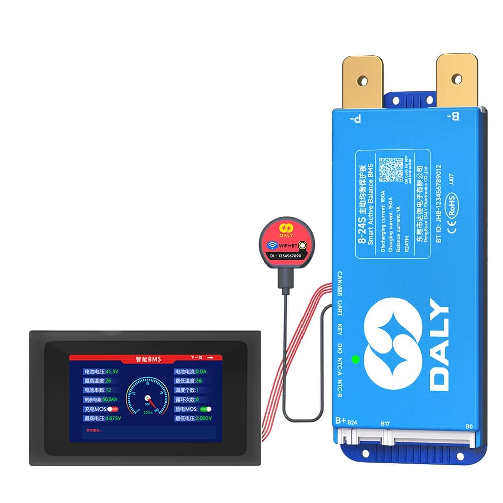 Daly Smart BMS mit Active Balance Wifi Bluetooth LCD-Display 4S 8S 16S 24S 100A 150A Li-Ion Lifepo4 LTO RS485 CANBUS Wechselrichter