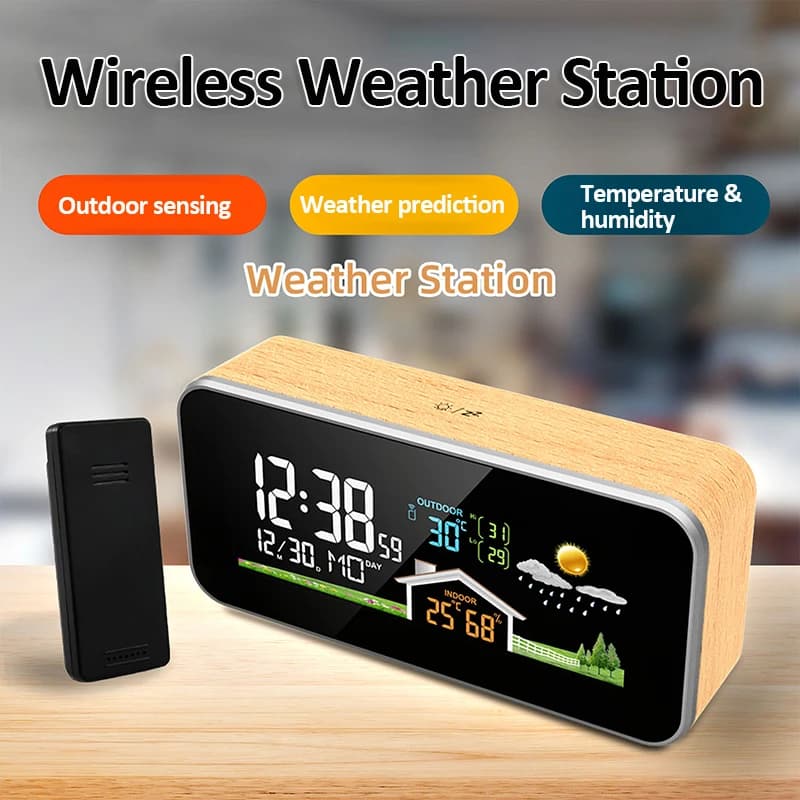 Drahtlose Wetterstation, Holzwecker, digitales Thermometer, Luftfeuchtigkeit, Temperatur, kabelloser Sensor, Heim-TimeWatch-Desktop