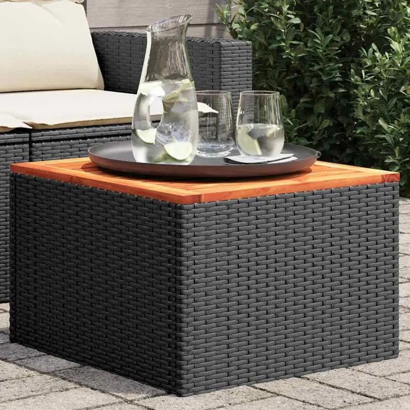 vidaXL Gartentisch, schwarzer Gartentisch aus geflochtenem Kunstharz und Akazienholz, 55 x 55 x 37 cm, Terrassenmöbel für den Außenbereich,