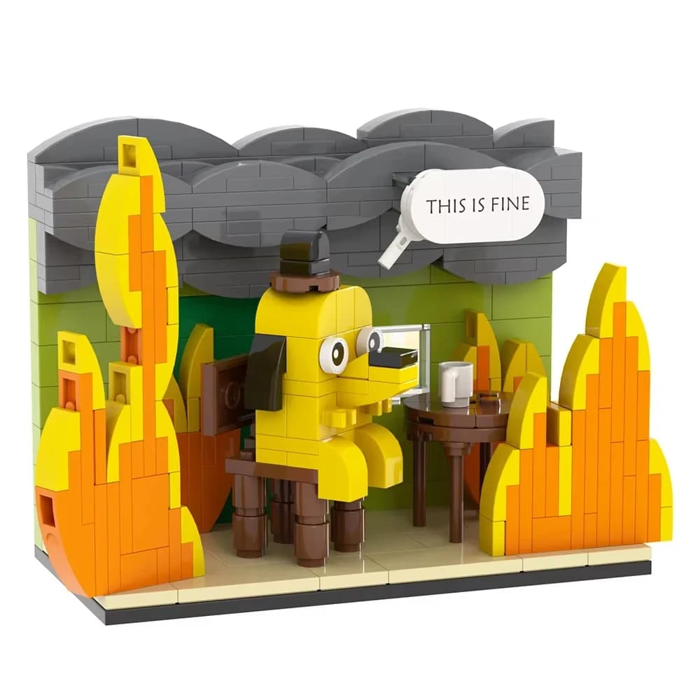 MOC This is Fine Dog Baustein Anime Cartoon Fire Meme Vignette Hound Hund Haustiere Tier Ziegel Modell Spielzeug mit Papierhandbuch