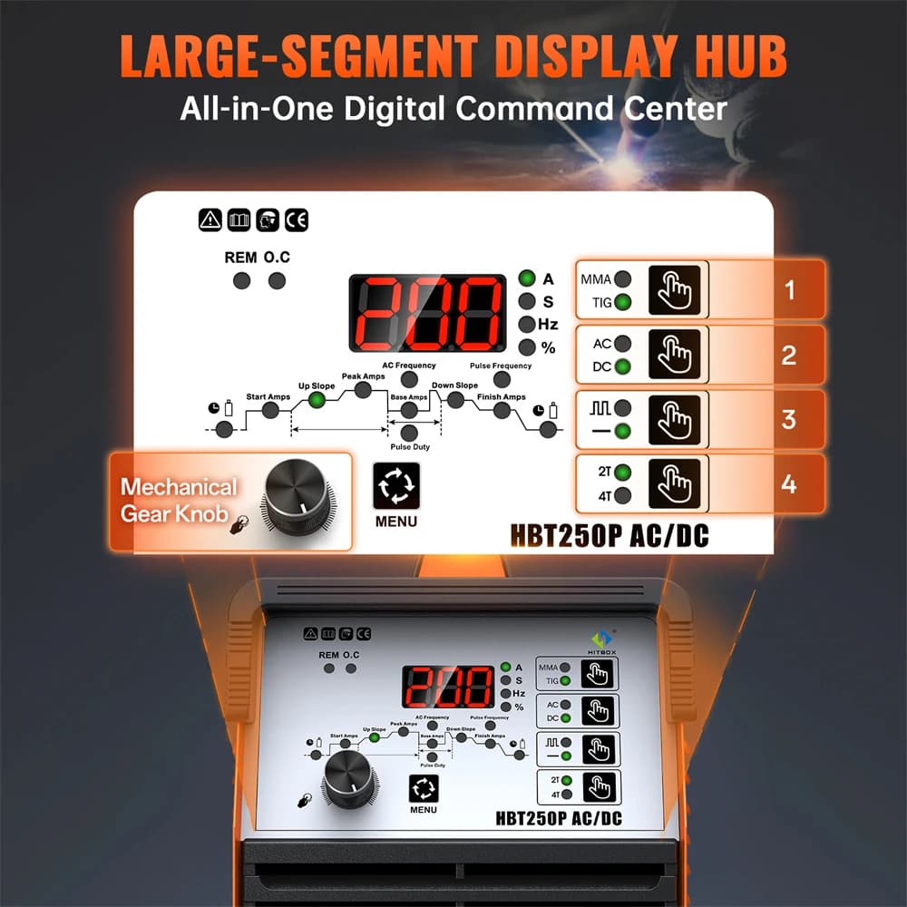 HITBOX 200A 6 in 1 HF WIG AC/DC Aluminium Schweißgerät MMA ARC Argon Präzises digitales Impuls-Edelstahlschweißgerät 2T/4T HBT250P 220V