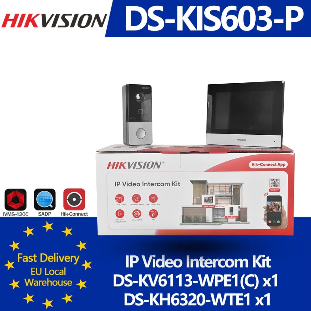 HIKVISION IP-Video-Gegensprechanlage-Set DS-KIS603-P, einschließlich DS-KV6113-WPE1 und DS-KH6320-WTE1 für Villa oder Haus