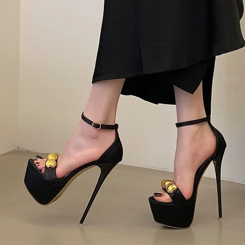 Liyke Sommer 16CM Super High Heels Plateau-Sandalen für Damen, modische Metallkugel, offene Zehenpartie, Knöchelriemen, Party-Kleiderschuhe für